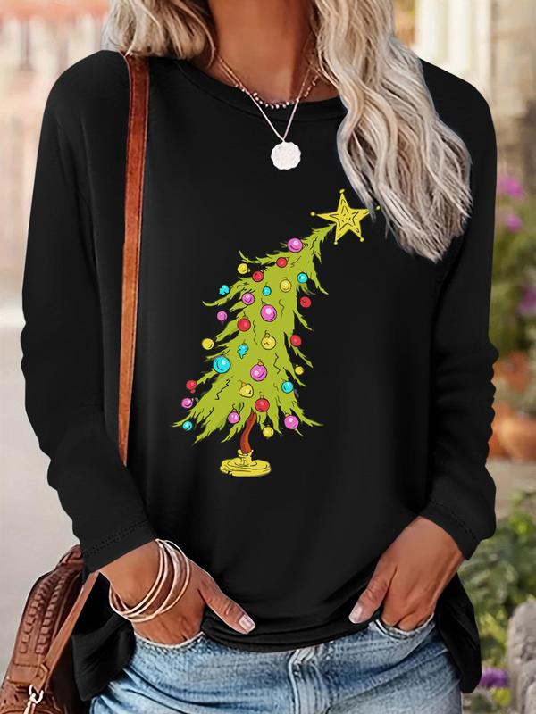 Women's Christmas Tree Print Drop Shoulder Tee, Casual Long Sleeve Round Neck Pullover for Fall & Winter, Ladies Clothes for Daily Wear