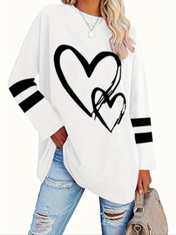  Heart & Striped Print Long Sleeve Tee, Graphic Tees, Casual Round Neck T-shirt for Spring & Fall, Women's Clothing for Daily Wear