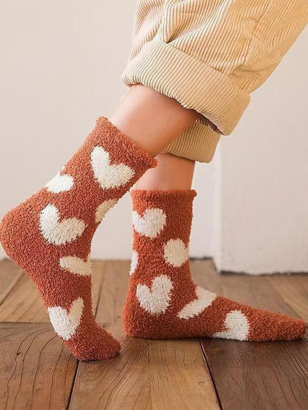 Women's Heart Print Fuzzy Crew Socks, Casual Soft Comfy Thermal Mid-calf Socks for Fall & Winter, Women's Socks for Daily Wear