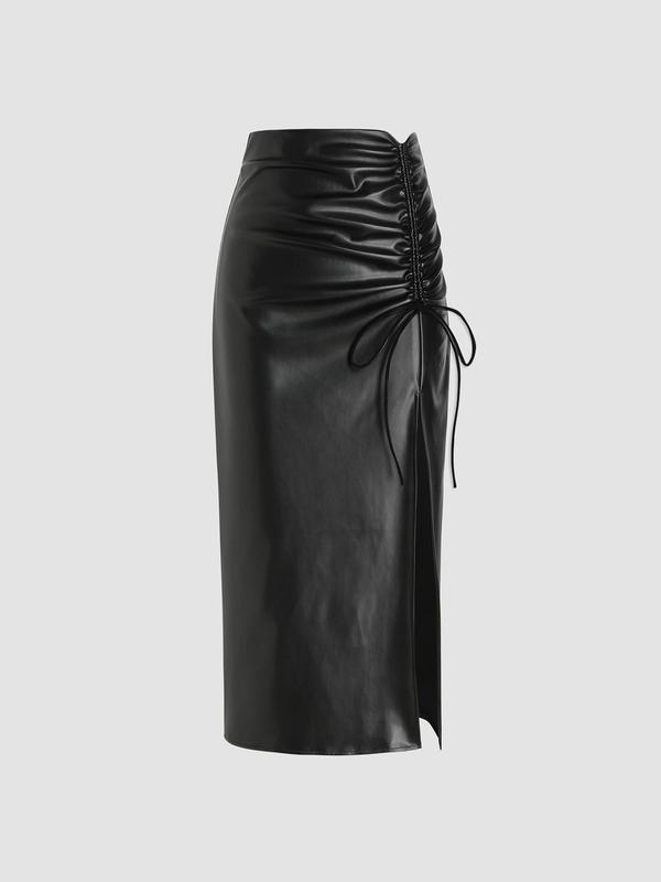 Women's Ruched Drawstring Split Thigh PU Leather Skirt, Fashion Casual High Waist Long Skirt for Daily Wear, Women's Bottoms for Spring & Fall