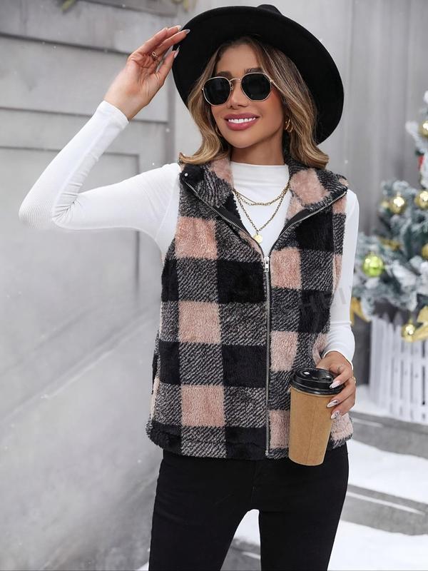 Women's Plaid Print Funnel Neck Zip Up Vest Coat, Casual Sleeveless Outerwear for Fall & Winter, Ladies Clothes for Daily Wear