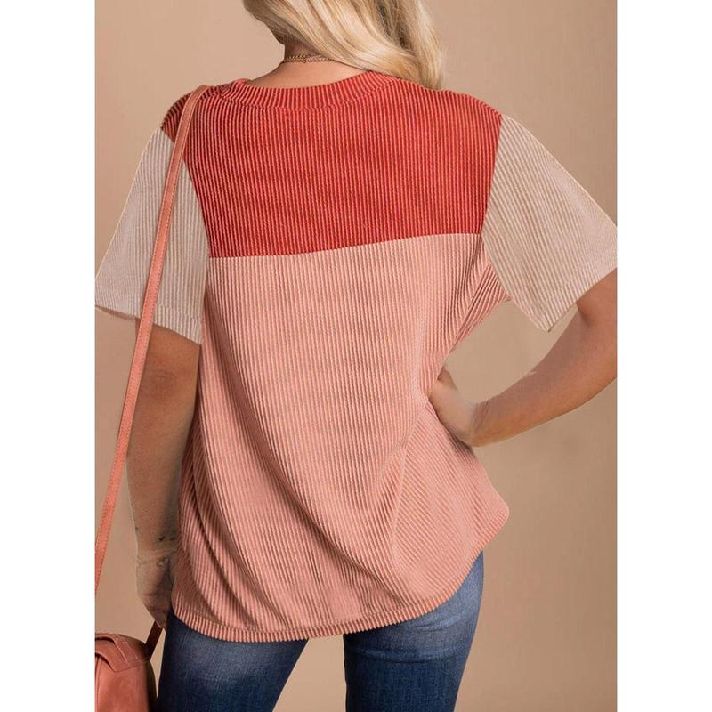 Dokotoo Womens Color Block Fashion Short Sleeve Crewneck Knitted Spring Summer Casual Loose T Shirts Tops