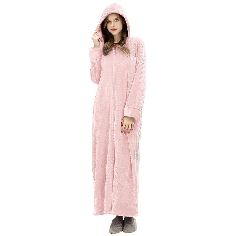 Robes for Women, Womens Hooded Plush Robe Zip up Front Long Fleece Bathobe for Women with Pocket, House Coat Moomoo Nightgowns Loungewear Sleepwear for Elderly Women Gift