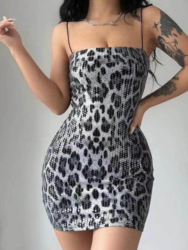 Women's Leopard Print Backless Sequins Cami Dress, Fashionable Sleeveless Bodycon Mini Dress for Party Club Dating Wear, Women's Clothing, Summer Dress, Dress for Women, Homecoming Dresses, Wedding Guest Dress