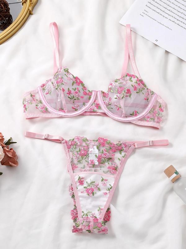 Women's Floral Embroidery Sheer Lingerie Two-Piece Set, Sexy Comfort Push Up Bra & Panty Set for Daily Wear, Women Sexy Lingeries & Costumes