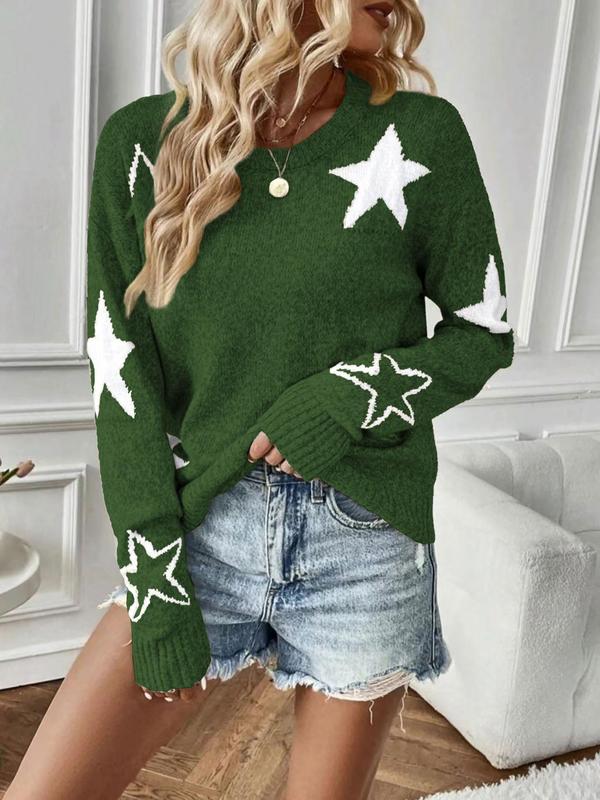 Womenswear Star Print Drop Shoulder Sweater, Comfort Long Sleeve Round Neck Jumper for Fall & Winter, Fall Clothes, Fashion Ladies' Knitwear for Daily Wear, Fall outfits, Fallfreshness Vintage Clothing Vintage Clothing, Preppy 80s Clothes