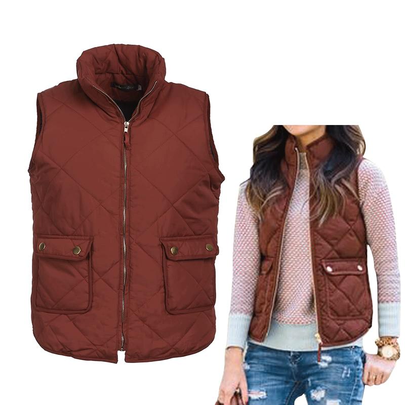 Women Casual Winter Sleeveless Plaid Zip Jacket Warm Waistcoat Black Brown Navy Blue Khaki Army Green