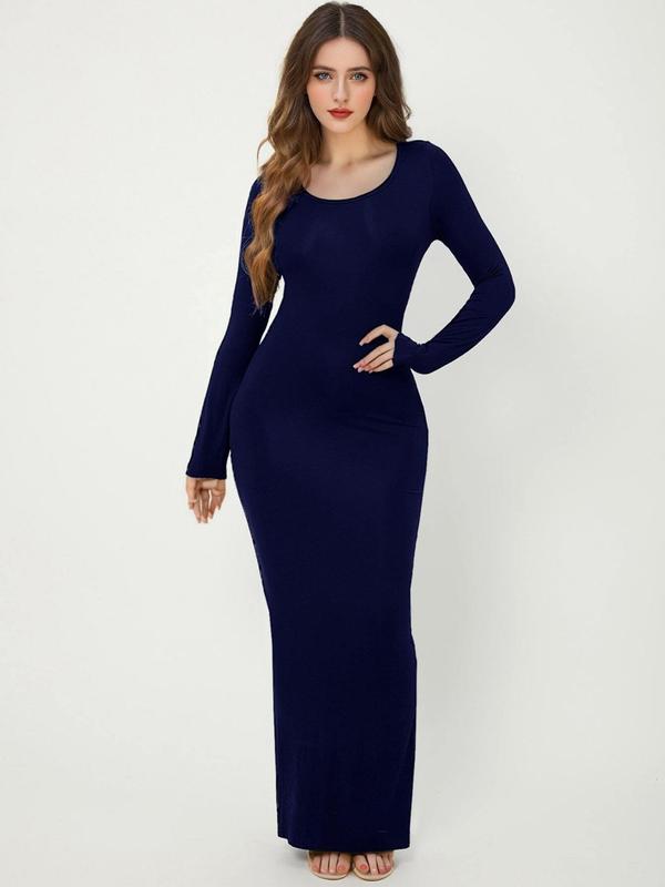 Women's Solid Long Sleeve Scoop Neck Bodycon Dress, Dresses for Women, Homecoming Dresses, Birthday Dresses 2024, Elegant Fashion Long Dress for Party Dating Wear, Women Dress for Spring Fall