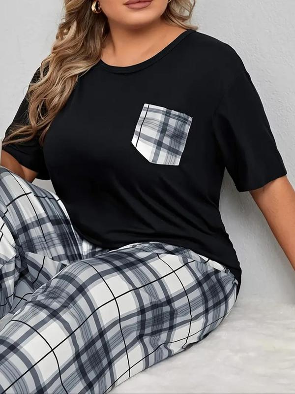  Two-Piece Set Plaid Print Pocket Tee & Pants Pyjama, Casual Comfy Round Neck Short Sleeve Top & Trousers PJ Set, Women's Sleepwear for All Seasons