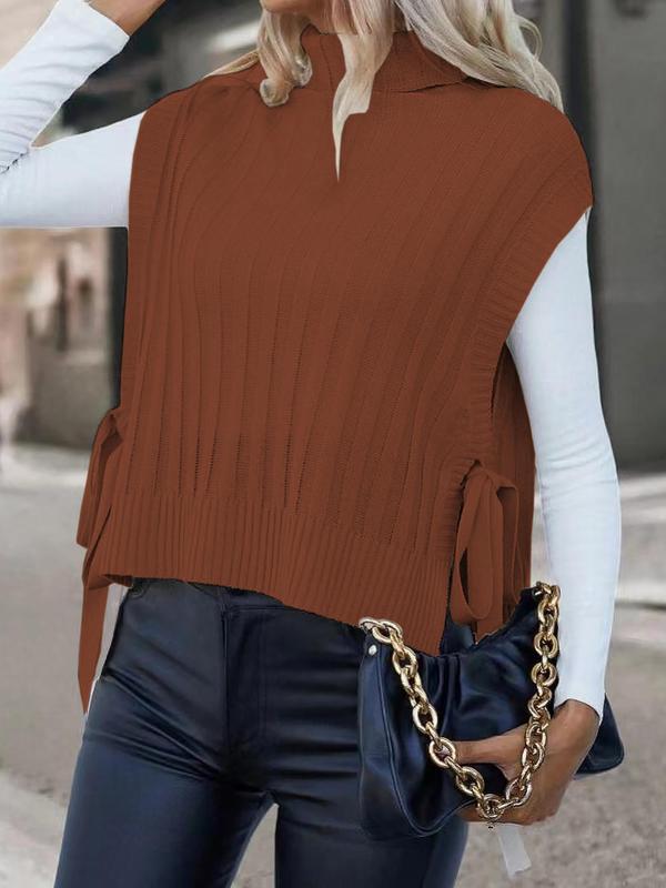 Women's Solid Color Tie Side Turtle Neck Sweater Vest, Casual High Neck Knit Top for All Seasons, Sweaters for Women, Fashion Ladies Knitwear for Daily Wear, Preppy 80s Clothes