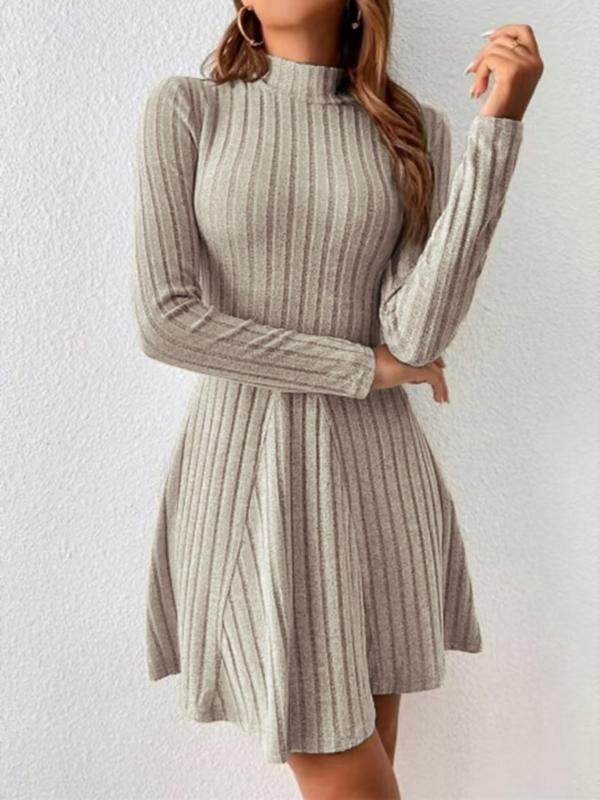 Women's Plain Pleated Mock Neck A Line Dress, Casual Long Sleeve Ribbed Dress for Fall & Winter, Women's Clothing for Daily Wear