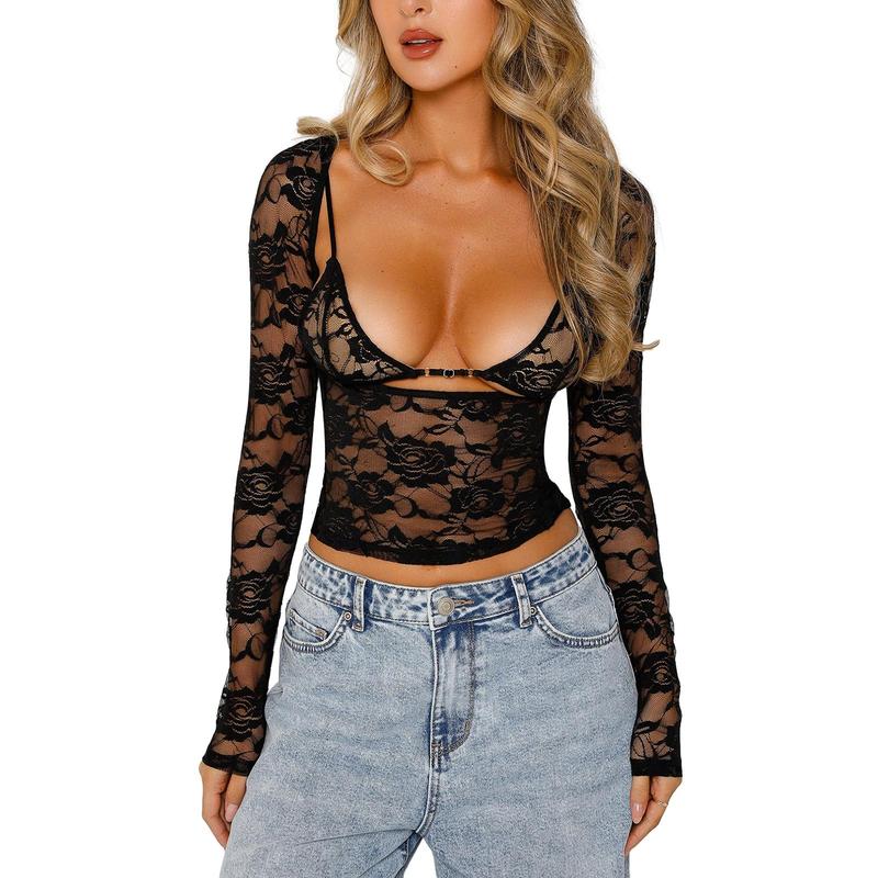 BlackFriday Women Floral Lace Tops Low Cut Sheer Long Sleeve Pullovers Fitted Crop Shirt with Bra Summer Streetwear Clubwear sheer lace Polyester Womenswear Fashion Outdoor Blouse Cropped