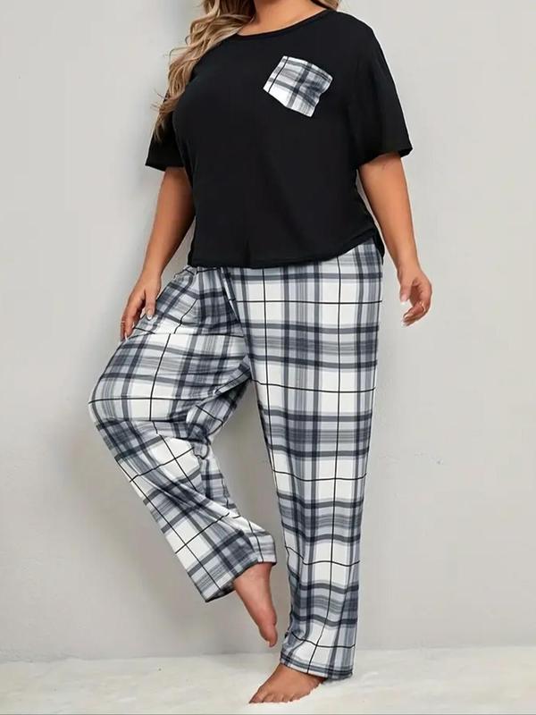  Two-Piece Set Plaid Print Pocket Tee & Pants Pyjama, Casual Comfy Round Neck Short Sleeve Top & Trousers PJ Set, Women's Sleepwear for All Seasons