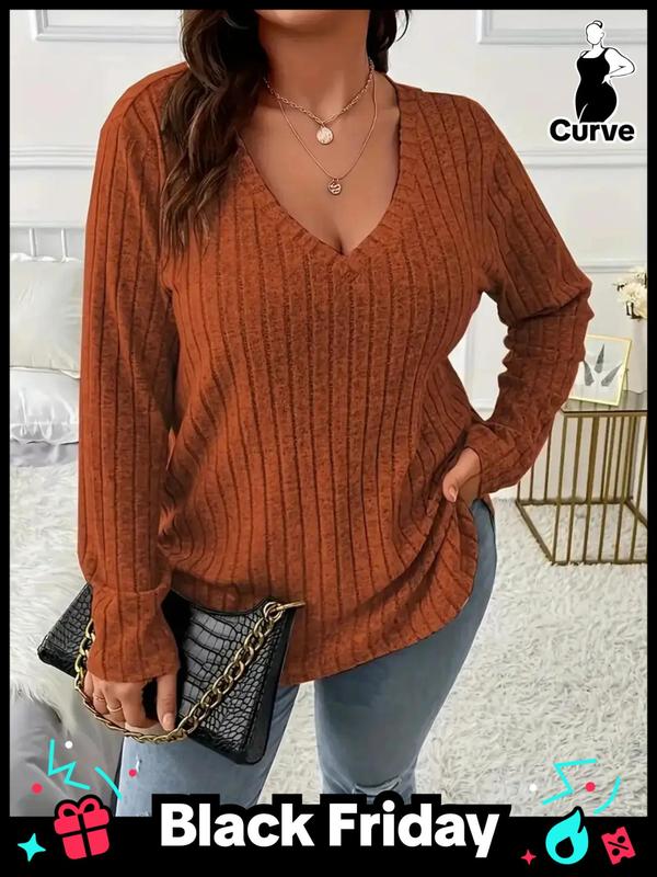 Plus Size Solid Long Sleeve Tee, Casual Comfy V Neck Top for Fall Daily Outdoor Wear, Women Plus Clothing for Fall , Fall Outfits 2024, Fall Outfits, Earthtone Fallfreshness Downtown Girl Clothes Downtown Girl Clothes