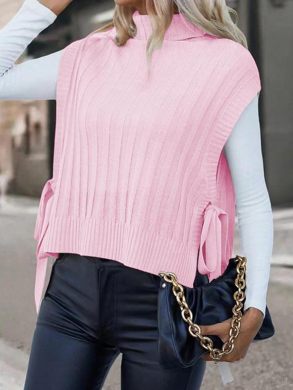 Women's Solid Color Tie Side Turtle Neck Sweater Vest, Casual High Neck Knit Top for All Seasons, Sweaters for Women, Fashion Ladies Knitwear for Daily Wear, Preppy 80s Clothes