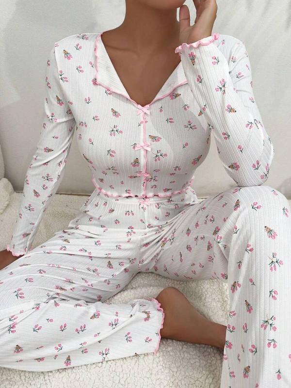 Two-Piece Set Women's All Over Print Lettuce Trim Button Front Pajama, Casual Comfy Long Sleeve V Neck Top & Pants PJ Set, Women's Sleepwear for Spring & Fall