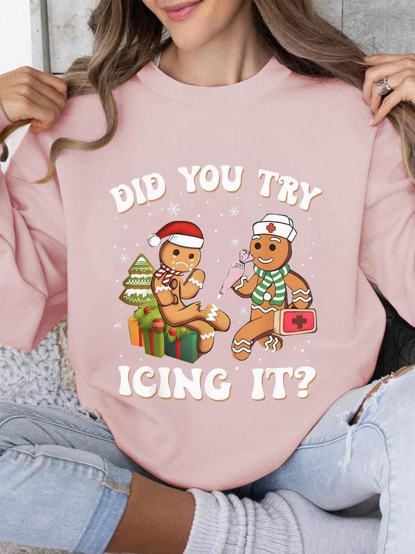 Women's Cartoon Gingerbread Man & Letter Print Pajama Sweatshirt, Casual Drop Shoulder Round Neck Sleep Pullover for Daily Wear, Ladies Spring & Fall Sleepwear