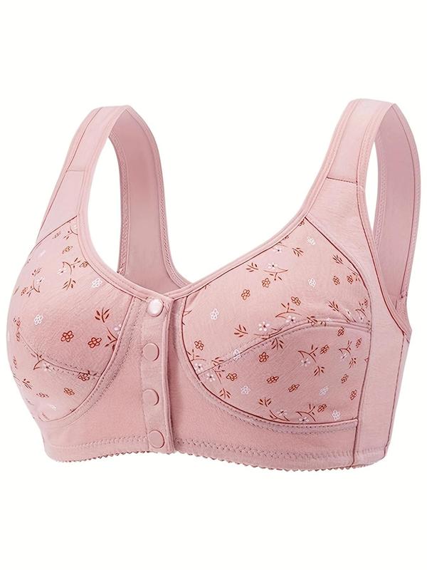 Plus Size Ditsy Floral Print Wireless Bra, Breathable Button Front Bralette, Women's Lingerie Top for Everyday Wear