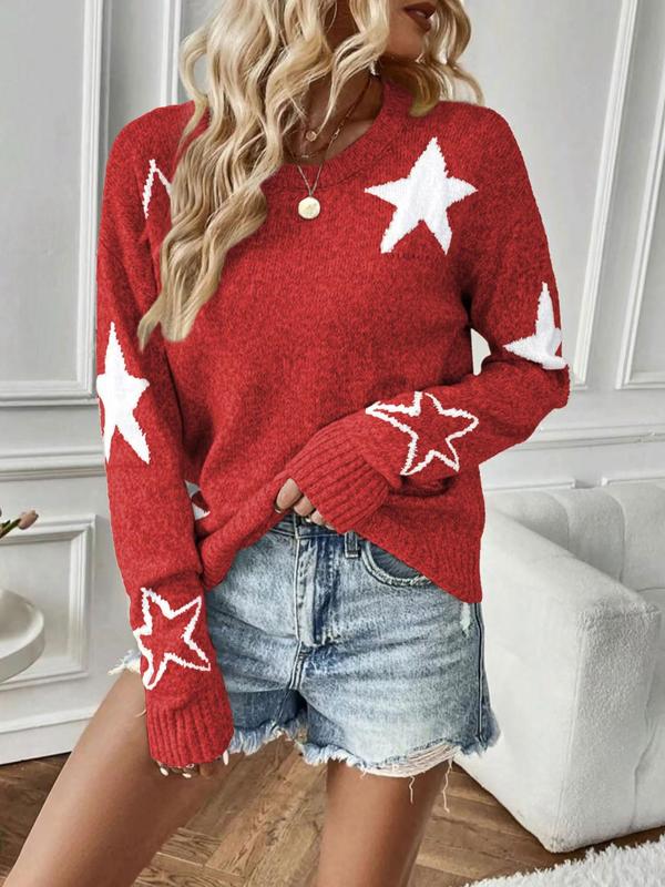 Womenswear Star Print Drop Shoulder Sweater, Comfort Long Sleeve Round Neck Jumper for Fall & Winter, Fall Clothes, Fashion Ladies' Knitwear for Daily Wear, Fall outfits, Fallfreshness Vintage Clothing Vintage Clothing, Preppy 80s Clothes