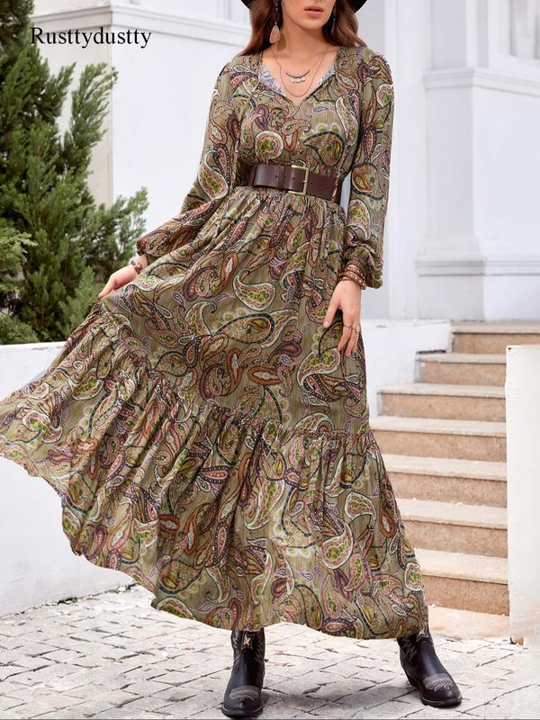 Women's Paisley Print Shirred Tie Neck Ruffle Hem Long Sleeve A Line Dress, Summer Sundress 2024, Boho Fashion Lantern Sleeve Long Dress for Beach Holiday Vacation, Ladies Clothes for All Seasons, Fall Clothing