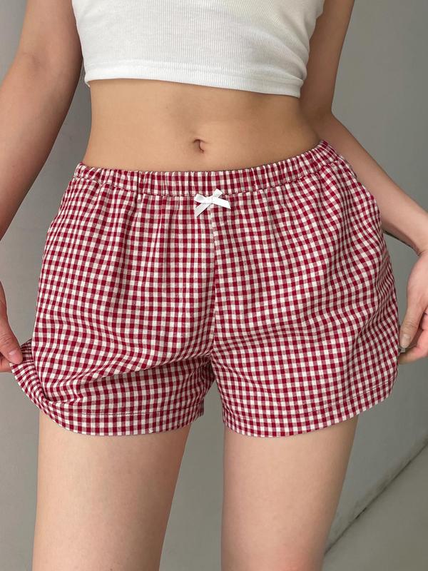 Women's Gingham Print Elastic Waist Shorts, Casual Bow Decor Pocket Design Shorts for Summer, Shorts for Women, Ladies Bottoms for Daily Wear