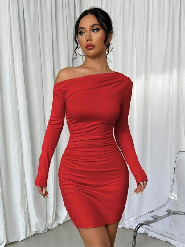 Women's Plain Ruched Asymmetrical Neck Bodycon Dress, Elegant Long Sleeve Short Dress for Party Club Dating Wear, Women's Clothing for Spring & Fall