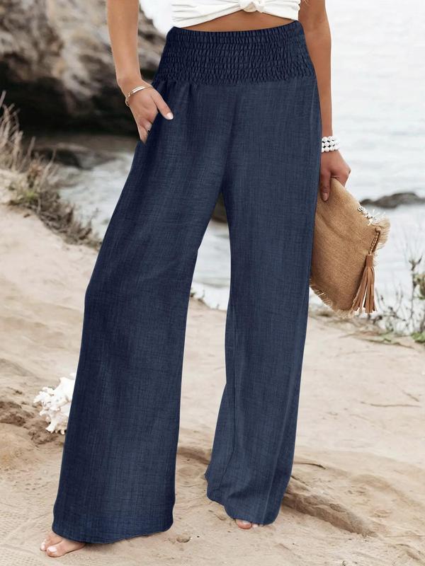 Women's Plain Shirred High Waist Wide Leg Pants, Fall Outfits, Casual Comfy Trousers for Daily Wear, Summer Outfits 2024, Summer Clothes, Ladies Summer Bottoms for All Seasons