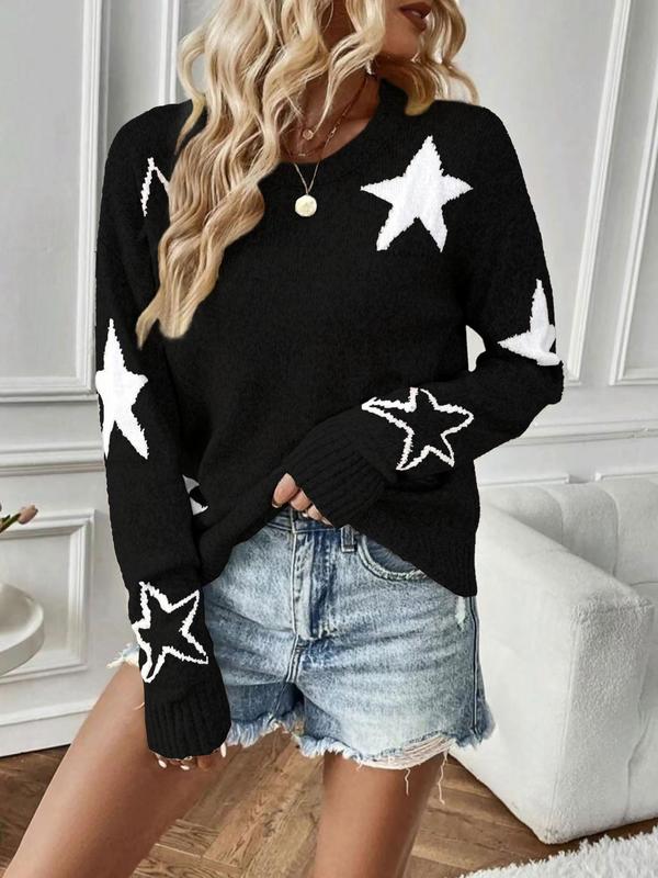 Womenswear Star Print Drop Shoulder Sweater, Comfort Long Sleeve Round Neck Jumper for Fall & Winter, Fall Clothes, Fashion Ladies' Knitwear for Daily Wear, Fall outfits, Fallfreshness Vintage Clothing Vintage Clothing, Preppy 80s Clothes