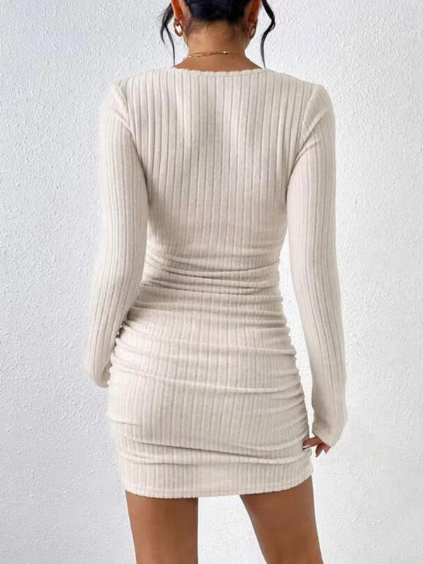 Women's Plain Ruched Square Neck Bodycon Dress, Street Fashion Long Sleeve Ribbed Short Dress for Daily Outdoor Wear, Women Dress for Fall & Winter