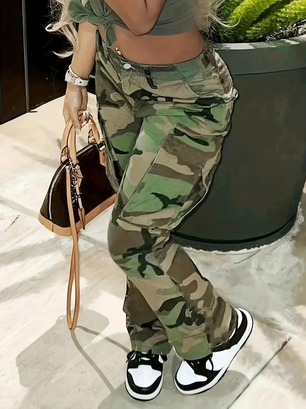  Camo Print Button Pocket Cargo Pants, Street Casual Multi-pocket Trousers for Daily Wear, Women's Bottoms for All Seasons