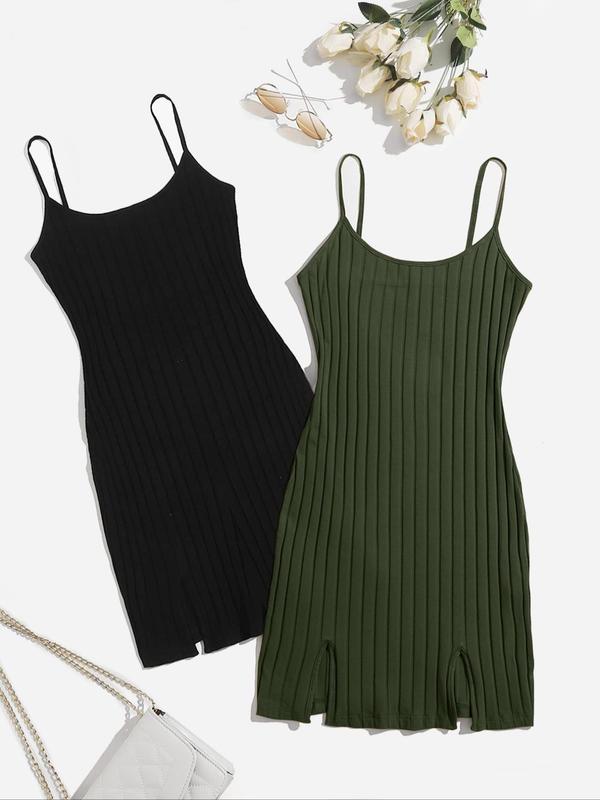 Women's Plain Split Cami Nightdress, Casual Sleeveless Rib Knit Cami Nightgown for Daily Home Wear, Summer Sleepwear Loungewear Set for Ladies