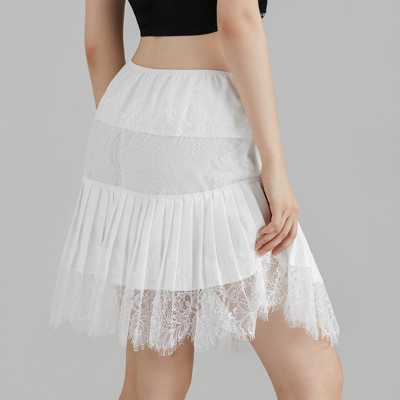 Women Y2k Lace Half Slip Skirt Low Rise Pleated Ruffle LaceTrim Mini Skirt Layered Flowy Short Skirts Underskirt