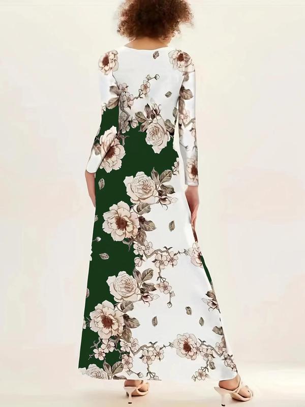 Women's Floral Print O-ring Long Vintage Dress, Sundress Maxi Dress, Boho Clothes, Elegant Pocket Long Sleeve A Line Dress for Spring & Fall, Dresses for Women, Fall Outfits, Fallfreshness, Fall Dresses