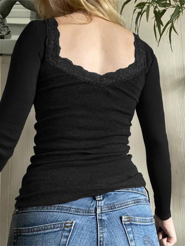 Women's Plain Contrast Lace Square Neck Tee, Casual Long Sleeve T-shirt for Spring & Fall, Women's Top for Daily Wear