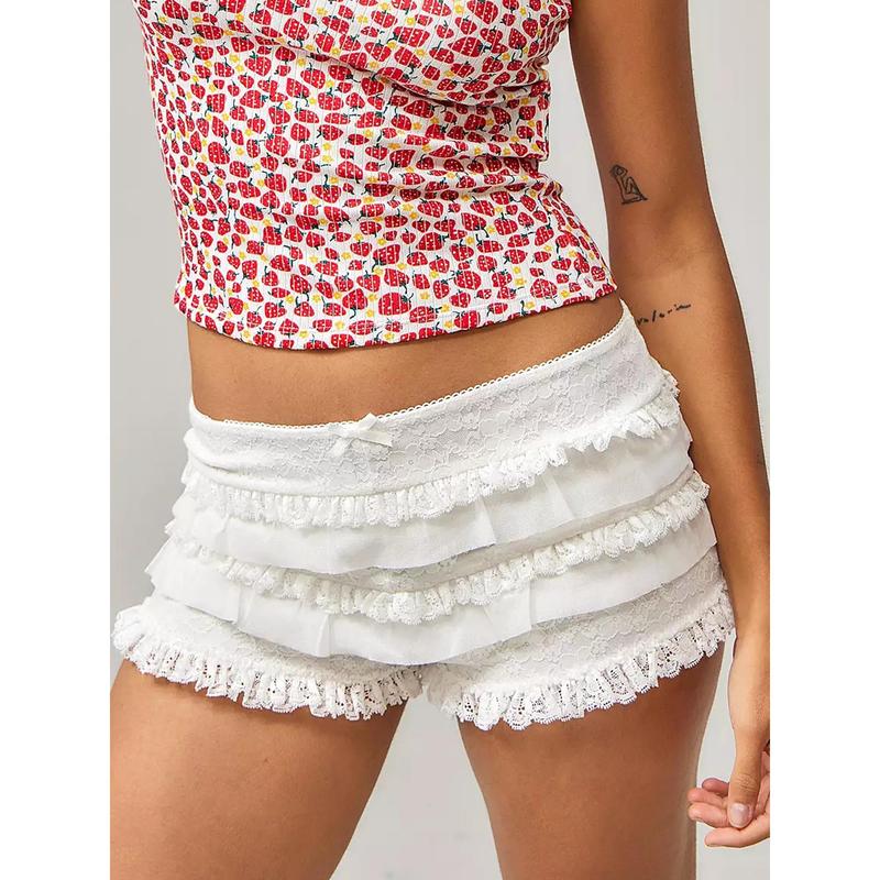 Women Lace Bloomers Shorts Casual Summer Layered Ruffle Elastic Short Pants for Vacation Beach Nightclub Streetwear Fashion Womenswear Bottom Cute