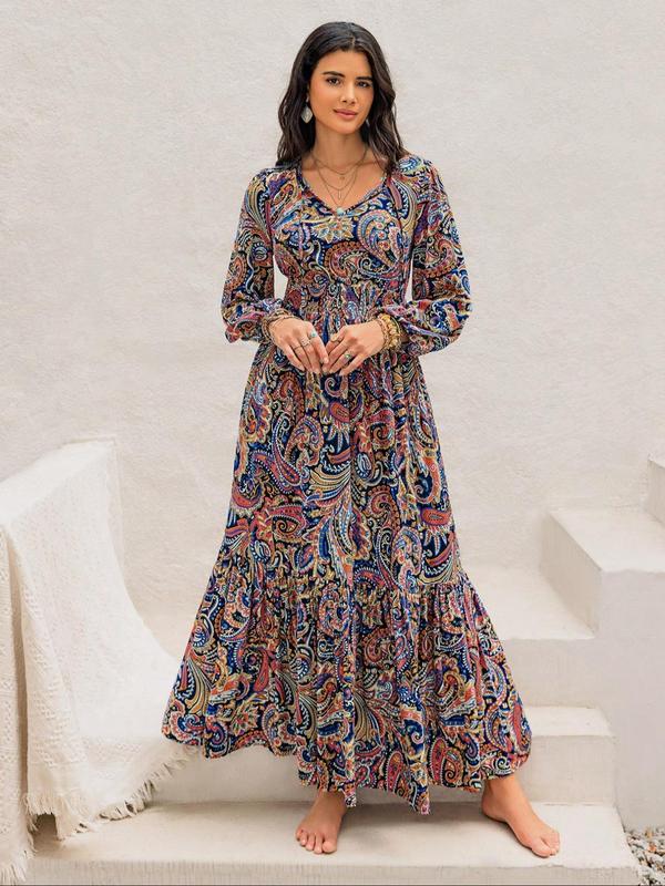 Women's Paisley Print Shirred Tie Neck Ruffle Hem Long Sleeve A Line Dress, Summer Sundress 2024, Boho Fashion Lantern Sleeve Long Dress for Beach Holiday Vacation, Ladies Clothes for All Seasons, Fall Clothing