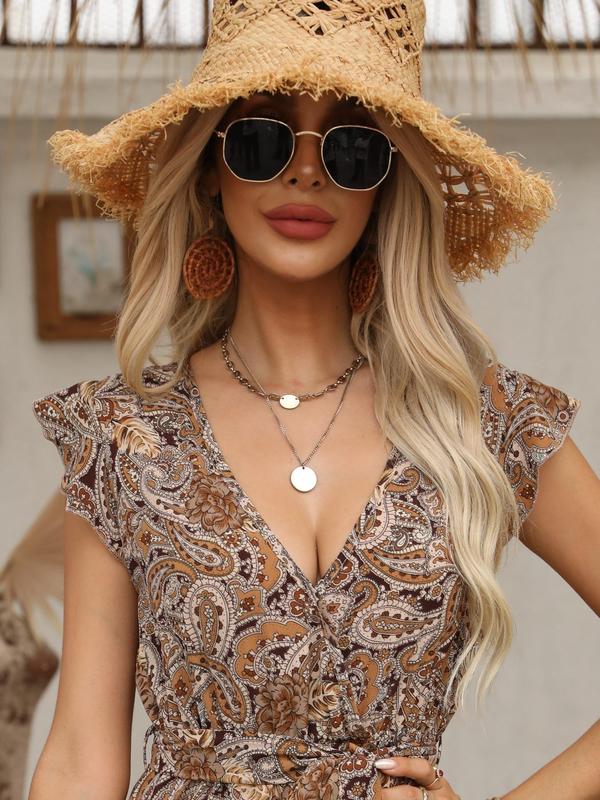 Women's Paisley Print Butterfly Sleeve A Line Vintage Dress, Boho Ruffle Hem Belted Short Dress, Summer Dresses 2024 for Women, Lady Summer Clothes, Back To School Outfit