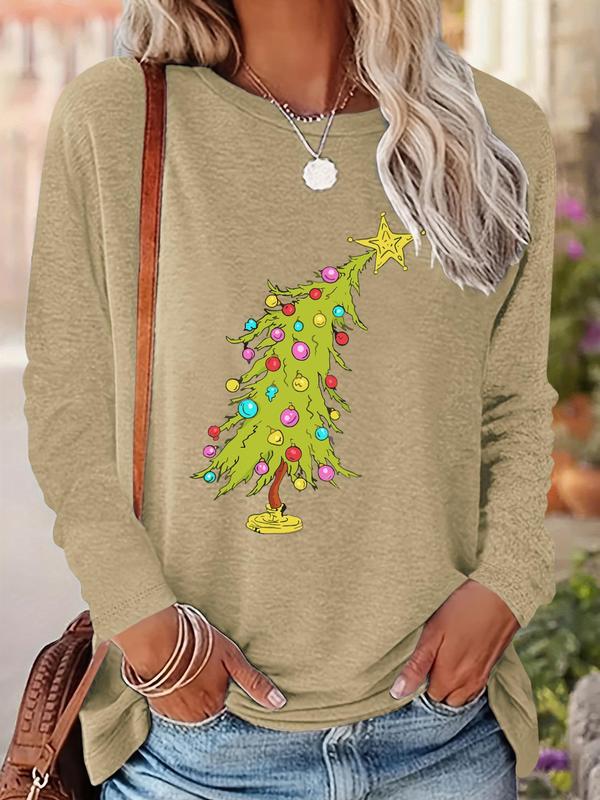 Women's Christmas Tree Print Drop Shoulder Tee, Casual Long Sleeve Round Neck Pullover for Fall & Winter, Ladies Clothes for Daily Wear