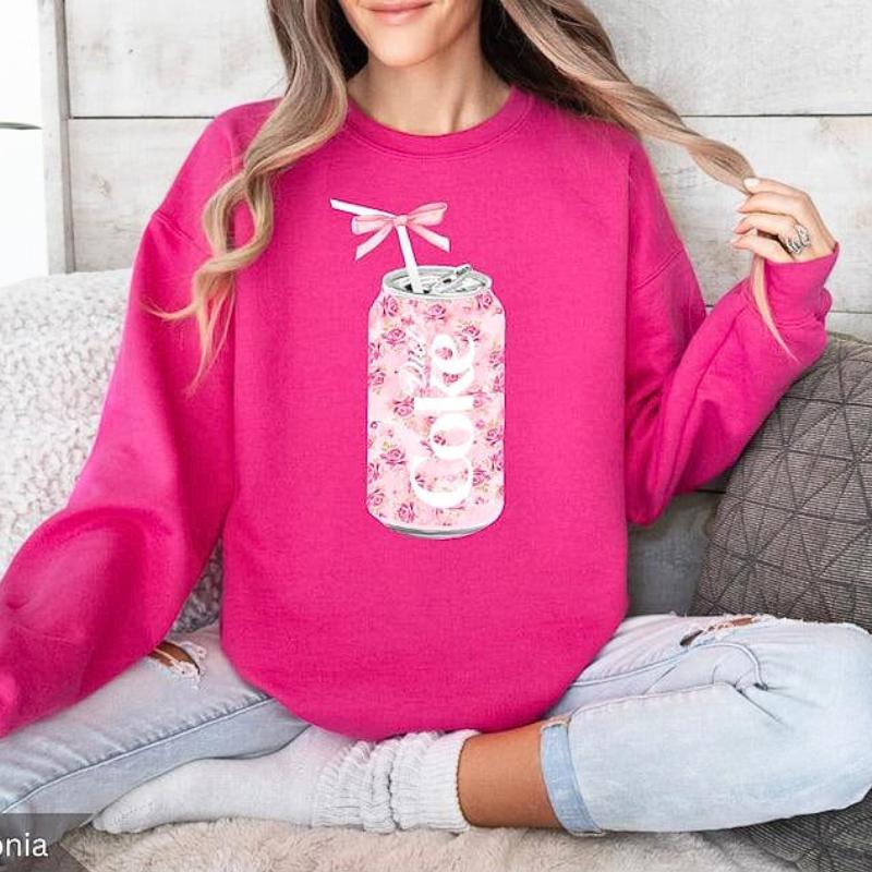 Coquette Diet Coke Sweatshirt, Floral Diet Coke Shirt, Cute Baby Pink Bow Tee, Trendy Soda Can With Roses, Fun Coke Lover Gift