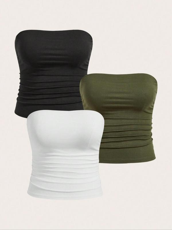  Solid Ruched Tube Top, Casual Comfy Breathable Strapless Top for Daily Wear, Women's Clothing for All Seasons