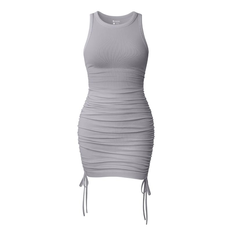 OQQfitness Womenswear Sleeveless Ribbed Side Drawstring Ruched Casual Stretchy Fitted Lady Dress