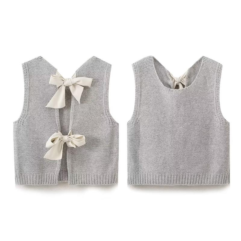 Women's Fall Knit Waistcoat Bow Tie Back Sweater VestFit Tank Tops Streetwear