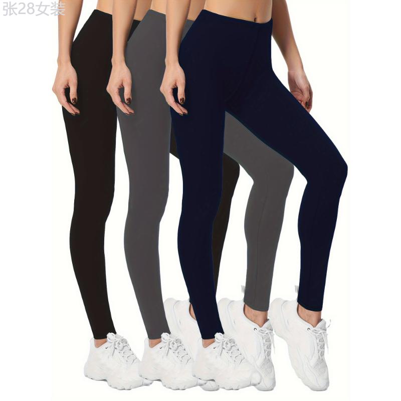 3 Pack Solid Skinny Leggings, Elastic Waist Casual Stretchy Women's Clothing Fabric Spandex