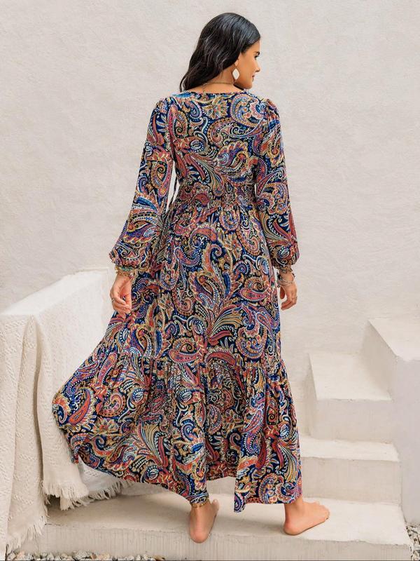 Women's Paisley Print Shirred Tie Neck Ruffle Hem Long Sleeve A Line Dress, Summer Sundress 2024, Boho Fashion Lantern Sleeve Long Dress for Beach Holiday Vacation, Ladies Clothes for All Seasons, Fall Clothing