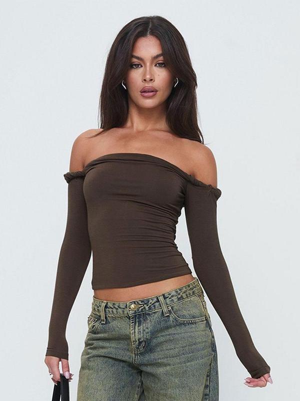 Women's Plain Twist Off Shoulder  Crop Tee, Casual Long Sleeve T-shirt for Fall & Winter, Women's Clothing for Daily Wear