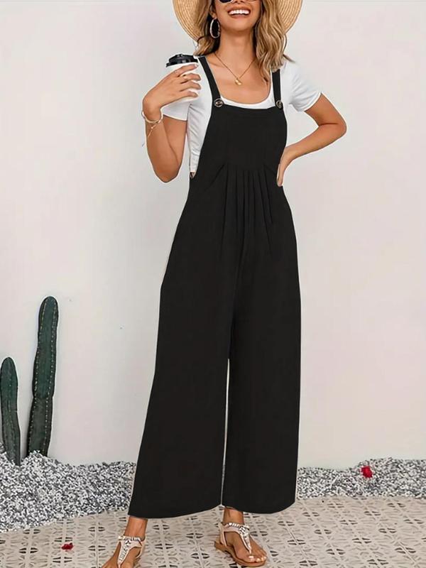 Women's Plicated Button Wide Leg Overalls Jumpsuit without Tank Top, Casual Pocket Square Neck Sleeveless Overalls Jumpsuit, Women's Jumpsuit