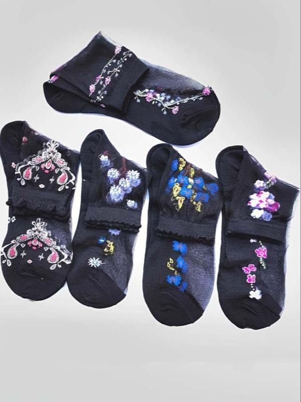 Women's 5 Pairs Floral Pattern Sheer Contrast Mesh Frill Crew Socks, Summer Wear 2024, Comfy Breathable Mid-calf Socks for Daily Wear, Women's Socks for Spring & Fall