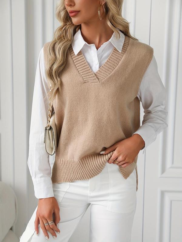 Women's Plain Split Hem V Neck Sweater Vest, Casual Sleeveless Knit Top for Daily Wear, Ladies Clothes for All Seasons