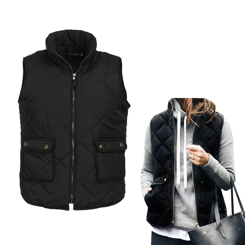 Women Casual Winter Sleeveless Plaid Zip Jacket Warm Waistcoat Black Brown Navy Blue Khaki Army Green