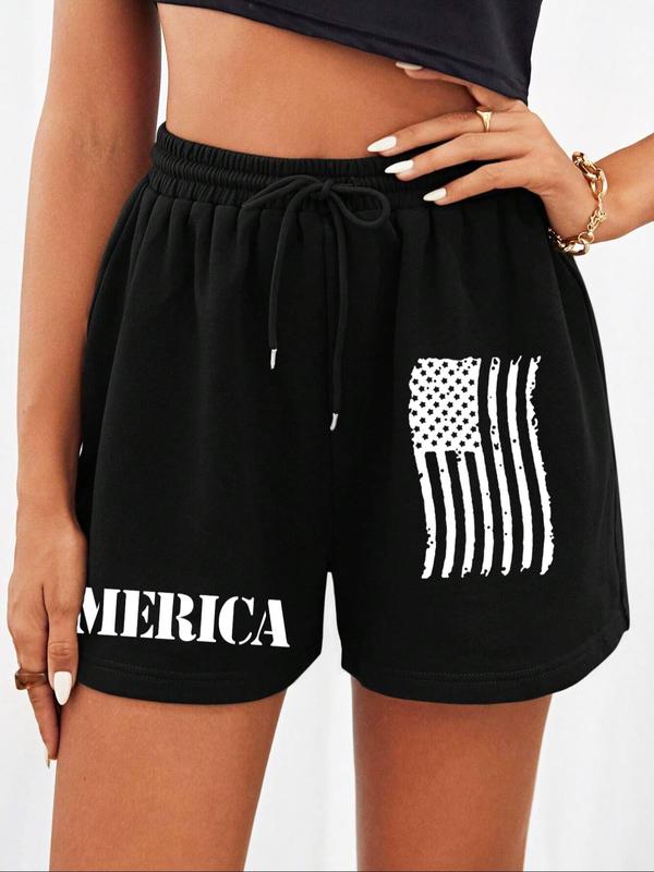 Women's Letter Graphic Print Drawstring Waist 4th of July Shorts, Summer Clothes Women, Casual Elastic Waist Track Shorts for Summer, Fashion Women's Bottoms for Daily Wear